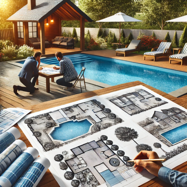 A person drawing a blueprint on a pool

Description automatically generated